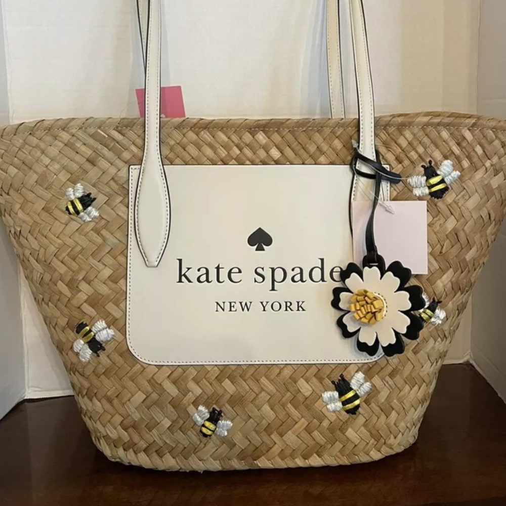 Kate Spade Honey Bee Straw Shoulder Tote Bag, NEW 2022, $459 yellow brown white - Picture 5 of 9